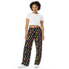 A person wearing a NerdyKeppie Dog Paws Lesbian Pride Unisex Wide-Leg Pants With Pockets. 