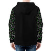 NerdyKeppie Engraved Bats Lightweight Aro Pride Zip Up Hoodie. A black hooded aromantic pride flag sweatshirt with zipper and two front pockets. This aro pride hoodie has an Engraved Bats design on its sleeves and inside its hood!