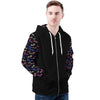 NerdyKeppie Engraved Bats Lightweight Genderfluid Pride Zip Up Hoodie. A black hooded genderfluid pride flag sweatshirt with zipper and two front pockets. This genderfluid pride hoodie has an Engraved Bats design on its sleeves and inside its hood!