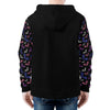 NerdyKeppie Engraved Bats Lightweight Genderfluid Pride Zip Up Hoodie. A black hooded genderfluid pride flag sweatshirt with zipper and two front pockets. This genderfluid pride hoodie has an Engraved Bats design on its sleeves and inside its hood!