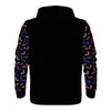 NerdyKeppie Engraved Bats Lightweight Genderfluid Pride Zip Up Hoodie. A black hooded genderfluid pride flag sweatshirt with zipper and two front pockets. This genderfluid pride hoodie has an Engraved Bats design on its sleeves and inside its hood!
