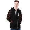 NerdyKeppie Engraved Bats Lightweight Halloween Zip Up Hoodie. A black hooded Halloween flag sweatshirt with zipper and two front pockets. This Halloween hoodie has an Engraved Bats design on its sleeves and inside its hood!