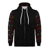 NerdyKeppie Engraved Bats Lightweight Halloween Zip Up Hoodie. A black hooded Halloween flag sweatshirt with zipper and two front pockets. This Halloween hoodie has an Engraved Bats design on its sleeves and inside its hood!