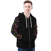 NerdyKeppie Engraved Bats Lightweight Inclusive Lesbian Pride Zip Up Hoodie. A black hooded Lesbian pride flag sweatshirt with zipper and two front pockets. This lesbian pride hoodie has an Engraved Bats design on its sleeves and inside its hood!