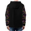 NerdyKeppie Engraved Bats Lightweight Inclusive Lesbian Pride Zip Up Hoodie. A black hooded Lesbian pride flag sweatshirt with zipper and two front pockets. This lesbian pride hoodie has an Engraved Bats design on its sleeves and inside its hood!