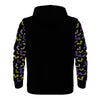 NerdyKeppie Engraved Bats Lightweight Non-Binary Pride Zip Up Hoodie. A black hooded pride flag sweatshirt with zipper and two front pockets. This non-binary pride hoodie has an Engraved Bats design on its sleeves and inside its hood!