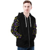 NerdyKeppie Engraved Bats Lightweight Non-Binary Pride Zip Up Hoodie. A black hooded pride flag sweatshirt with zipper and two front pockets. This non-binary pride hoodie has an Engraved Bats design on its sleeves and inside its hood!