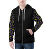 NerdyKeppie Engraved Bats Lightweight Non-Binary Pride Zip Up Hoodie. A black hooded pride flag sweatshirt with zipper and two front pockets. This non-binary pride hoodie has an Engraved Bats design on its sleeves and inside its hood!