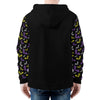 NerdyKeppie Engraved Bats Lightweight Non-Binary Pride Zip Up Hoodie. A black hooded pride flag sweatshirt with zipper and two front pockets. This non-binary pride hoodie has an Engraved Bats design on its sleeves and inside its hood!