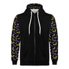 NerdyKeppie Engraved Bats Lightweight Non-Binary Pride Zip Up Hoodie. A black hooded pride flag sweatshirt with zipper and two front pockets. This non-binary pride hoodie has an Engraved Bats design on its sleeves and inside its hood!