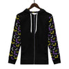 NerdyKeppie Engraved Bats Lightweight Non-Binary Pride Zip Up Hoodie. A black hooded pride flag sweatshirt with zipper and two front pockets. This non-binary pride hoodie has an Engraved Bats design on its sleeves and inside its hood!