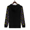 NerdyKeppie Engraved Bats Lightweight Non-Binary Pride Zip Up Hoodie. A black hooded pride flag sweatshirt with zipper and two front pockets. This non-binary pride hoodie has an Engraved Bats design on its sleeves and inside its hood!