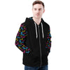 NerdyKeppie Engraved Bats Lightweight Pan Pride Zip Up Hoodie. A black hooded pansexual pride flag sweatshirt with zipper and two front pockets. This pan pride hoodie has an Engraved Bats design on its sleeves and inside its hood!
