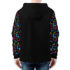 NerdyKeppie Engraved Bats Lightweight Pan Pride Zip Up Hoodie. A black hooded pansexual pride flag sweatshirt with zipper and two front pockets. This pan pride hoodie has an Engraved Bats design on its sleeves and inside its hood!