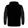 NerdyKeppie Engraved Bats Lightweight Pan Pride Zip Up Hoodie. A black hooded pansexual pride flag sweatshirt with zipper and two front pockets. This pan pride hoodie has an Engraved Bats design on its sleeves and inside its hood!