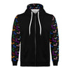 NerdyKeppie Engraved Bats Lightweight Progress Pride Zip Up Hoodie. A black hooded Progress pride flag sweatshirt with zipper and two front pockets. This Progress pride hoodie has an Engraved Bats design on its sleeves and inside its hood!