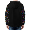 NerdyKeppie Engraved Bats Lightweight Progress Pride Zip Up Hoodie. A black hooded Progress pride flag sweatshirt with zipper and two front pockets. This Progress pride hoodie has an Engraved Bats design on its sleeves and inside its hood!