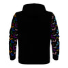 NerdyKeppie Engraved Bats Lightweight Progress Pride Zip Up Hoodie. A black hooded Progress pride flag sweatshirt with zipper and two front pockets. This Progress pride hoodie has an Engraved Bats design on its sleeves and inside its hood!