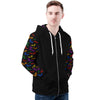 NerdyKeppie Engraved Bats Lightweight Rainbow Gay Pride Zip Up Hoodie. A black hooded gay pride flag sweatshirt with zipper and two front pockets. This rainbow gay pride hoodie has an Engraved Bats design on its sleeves and inside its hood!
