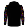NerdyKeppie Engraved Bats Lightweight Rainbow Gay Pride Zip Up Hoodie. A black hooded gay pride flag sweatshirt with zipper and two front pockets. This rainbow gay pride hoodie has an Engraved Bats design on its sleeves and inside its hood!
