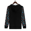 NerdyKeppie Engraved Bats Lightweight Trans Pride Zip Up Hoodie. A black hooded trans pride flag sweatshirt with zipper and two front pockets. This transgender pride hoodie has an Engraved Bats design on its sleeves and inside its hood!