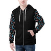 NerdyKeppie Engraved Bats Lightweight Trans Pride Zip Up Hoodie. A black hooded trans pride flag sweatshirt with zipper and two front pockets. This transgender pride hoodie has an Engraved Bats design on its sleeves and inside its hood!