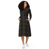 A person wearing a NerdyKeppie Engraved Bats Non-Binary Pride Long Sleeve Midi Dress With Pockets. 