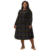 A person wearing a NerdyKeppie Engraved Bats Non-Binary Pride Long Sleeve Midi Dress With Pockets. 