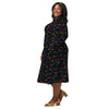 A person wearing a NerdyKeppie Engraved Bats Progress Pride Long Sleeve Midi Dress With Pockets. 