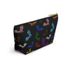 NerdyKeppie Engraved Bats Progress Pride Zipper Pouch with T-Bottom. A zippered accessory/makeup bag featuring a t-bottom and an Engraved Bats pattern in Progress pride colors. This Progress pride zipper pouch is fully lined and comes in two sizes.