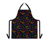 A person wearing a NerdyKeppie Engraved Bats Rainbow Gay Pride Apron With Pocket. A black apron with an Engraved Bats design on it in rainbow gay pride colors. This rainbow gay pride pocket apron is made of durable 100% polyester.