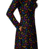 A person wearing a NerdyKeppie Engraved Bats Rainbow Gay Pride Long Sleeve Midi Dress With Pockets. 