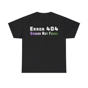 NerdyKeppie "Error 404 Gender Not Found" Cotton Genderqueer Pride Tee Shirt. A unisex cotton tee shirt with an "Error 404 Gender Not Found" design on it in genderqueer pride colors. This genderqueer pride tee shirt has a classic fit.