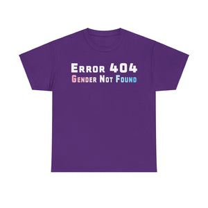 NerdyKeppie "Error 404 Gender Not Found" Cotton Trans Pride Tee Shirt. A unisex cotton tee shirt with an "Error 404 Gender Not Found" design on it in transgender pride colors. This trans pride tee shirt has a classic fit.