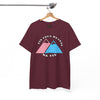 NerdyKeppie "Fix Your Hearts Or Die" Twin Mountain Peaks Unisex Cotton Trans Pride Tee Shirt. A unisex cotton tee shirt with "Fix Your Hearts Or Die" encircling twin mountain peaks in transgender pride colors. This unapologetic trans pride tee shirt has a classic fit.