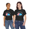 NerdyKeppie "Fix Your Hearts Or Die" Twin Mountain Peaks Unisex Cotton Trans Pride Tee Shirt. A unisex cotton tee shirt with "Fix Your Hearts Or Die" encircling twin mountain peaks in transgender pride colors. This unapologetic trans pride tee shirt has a classic fit.