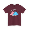 NerdyKeppie "Fix Your Hearts Or Die" Twin Mountain Peaks Unisex Cotton Trans Pride Tee Shirt. A unisex cotton tee shirt with "Fix Your Hearts Or Die" encircling twin mountain peaks in transgender pride colors. This unapologetic trans pride tee shirt has a classic fit.