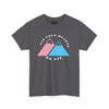 NerdyKeppie "Fix Your Hearts Or Die" Twin Mountain Peaks Unisex Cotton Trans Pride Tee Shirt. A unisex cotton tee shirt with "Fix Your Hearts Or Die" encircling twin mountain peaks in transgender pride colors. This unapologetic trans pride tee shirt has a classic fit.