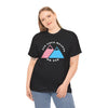 NerdyKeppie "Fix Your Hearts Or Die" Twin Mountain Peaks Unisex Cotton Trans Pride Tee Shirt. A unisex cotton tee shirt with "Fix Your Hearts Or Die" encircling twin mountain peaks in transgender pride colors. This unapologetic trans pride tee shirt has a classic fit.