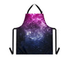 A person wearing a NerdyKeppie Galaxy Bi Pride Apron With Pocket. A black apron with a galaxy design on it in bisexual pride colors. This bi pride pocket apron is made of durable 100% polyester.