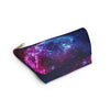 NerdyKeppie Galaxy Bi Pride Zipper Pouch with T-Bottom. A zippered accessory/makeup bag featuring a t-bottom and a Galaxy pattern in bisexual pride colors. This pride zipper pouch is fully lined and comes in two sizes.