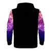 NerdyKeppie Galaxy Lightweight Genderfluid Pride Zip Up Hoodie. A black hooded pride flag sweatshirt with zipper and two front pockets. This genderfluid pride hoodie has a galaxy design on its sleeves and inside its hood!.