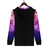 NerdyKeppie Galaxy Lightweight Genderfluid Pride Zip Up Hoodie. A black hooded pride flag sweatshirt with zipper and two front pockets. This genderfluid pride hoodie has a galaxy design on its sleeves and inside its hood!.