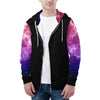 NerdyKeppie Galaxy Lightweight Genderfluid Pride Zip Up Hoodie. A black hooded pride flag sweatshirt with zipper and two front pockets. This genderfluid pride hoodie has a galaxy design on its sleeves and inside its hood!.