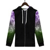 NerdyKeppie Galaxy Lightweight Genderqueer Pride Zip Up Hoodie. A black hooded pride flag sweatshirt with zipper and two front pockets. This genderqueer pride hoodie has a galaxy design on its sleeves and inside its hood!