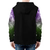 NerdyKeppie Galaxy Lightweight Genderqueer Pride Zip Up Hoodie. A black hooded pride flag sweatshirt with zipper and two front pockets. This genderqueer pride hoodie has a galaxy design on its sleeves and inside its hood!