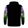 NerdyKeppie Galaxy Lightweight Genderqueer Pride Zip Up Hoodie. A black hooded pride flag sweatshirt with zipper and two front pockets. This genderqueer pride hoodie has a galaxy design on its sleeves and inside its hood!