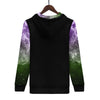 NerdyKeppie Galaxy Lightweight Genderqueer Pride Zip Up Hoodie. A black hooded pride flag sweatshirt with zipper and two front pockets. This genderqueer pride hoodie has a galaxy design on its sleeves and inside its hood!