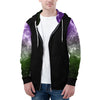 NerdyKeppie Galaxy Lightweight Genderqueer Pride Zip Up Hoodie. A black hooded pride flag sweatshirt with zipper and two front pockets. This genderqueer pride hoodie has a galaxy design on its sleeves and inside its hood!