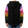 NerdyKeppie Galaxy Lightweight Lesbian Pride Zip Up Hoodie. A black hooded sweatshirt with zipper and two front pockets. This lesbian pride hoodie has a galaxy design on its sleeves and inside its hood!. 